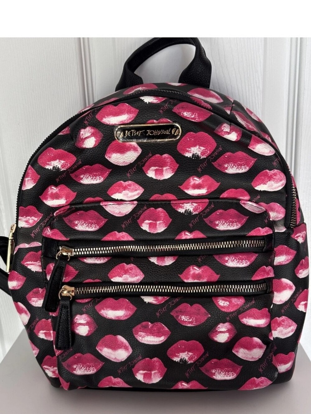 Betsey Johnson Black Backpack with Pink Lip Print